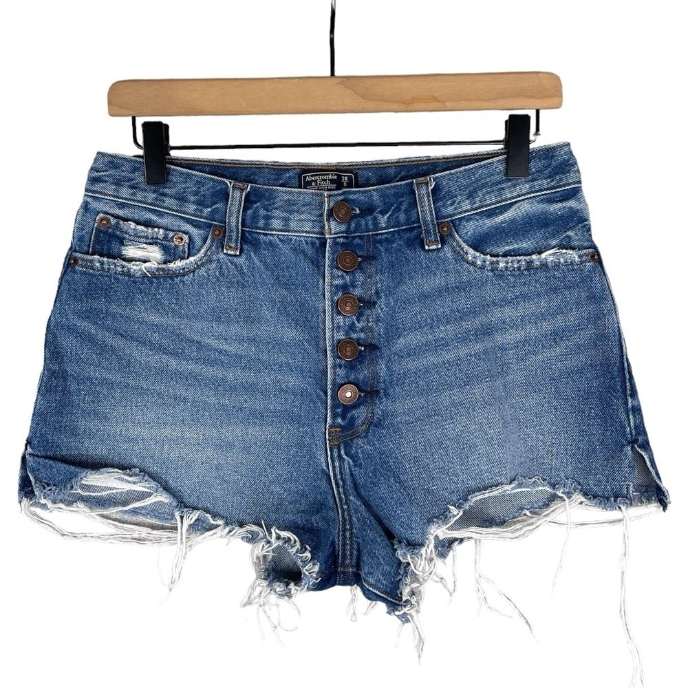 Abercrombie & Fitch Annie High Rise Short 28 Button Fly Raw Hem Rigid Denim Blue